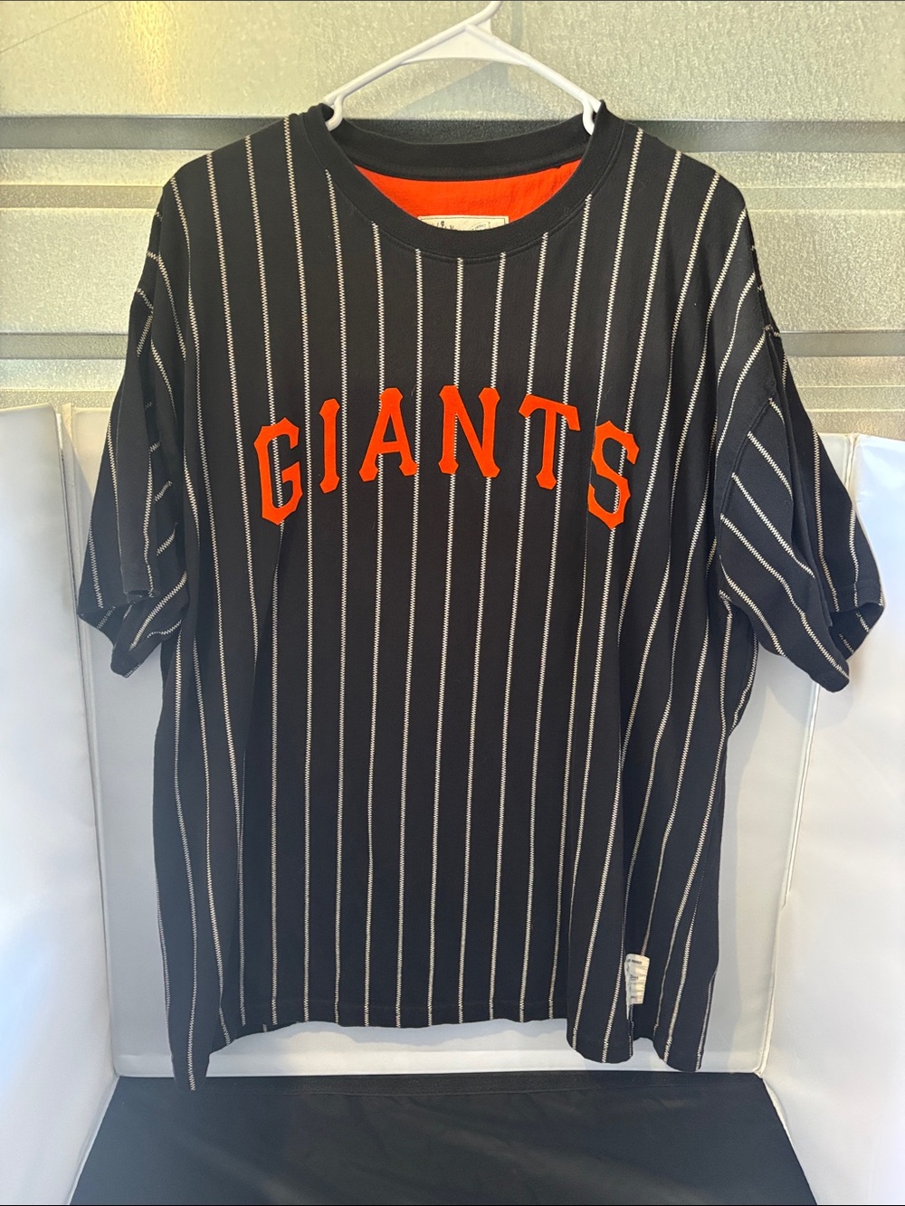 Mitchell & Ness Black Pinstripe Tee with Orange 'GIANTS' Logo